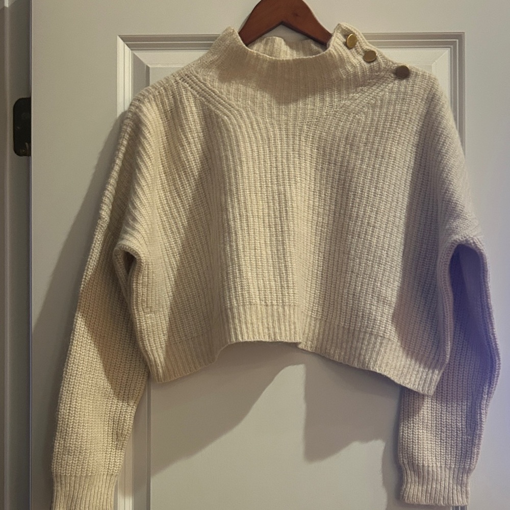 Vanessa Bruno Elegant Cream Off White Cropped Sweater with Gold Button Detail